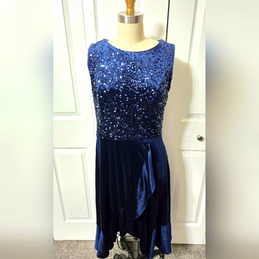 Navy Blue Sequin Velvet Dress, Faux Wrap Look, Size Large, NWOT